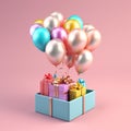 Open gift box and balloons, AI generated Royalty Free Stock Photo