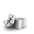 Open gift box or blank present box with silver ribbon and bow isolated on white background Royalty Free Stock Photo