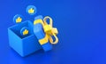 Open gift box or blue present box with yellow ribbon bow and like icon isolated on blue background - 3d rendering illustration Royalty Free Stock Photo