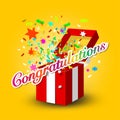 Open Gift Box with Confetti and Congratulations Symbol Celebration Design
