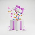 Open Gift Box with Confetti and Ribbons Exploding Outwards render present Royalty Free Stock Photo