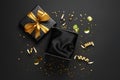 Open gift box, confetti and streamers on black background, flat lay