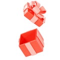 Open gift box 3d illustration - wrapped red package with pink ribon and bow and cap floating. Royalty Free Stock Photo