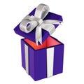 Open gift box of dark blue color, 3d render. 3D gift box with a white bow, isolated on a white background Royalty Free Stock Photo