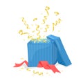 Open gift box explode gold ribbon and confetti. Vector illustration Royalty Free Stock Photo