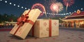 Open Gift Box at Festive Night, 3D Render, Celebration, New Year Gift, Fireworks Royalty Free Stock Photo