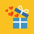 Open gift box with fly hearts. Flat design. Royalty Free Stock Photo