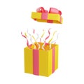 Open gift box with flying cap and confetti - 3d render surprise illustration.