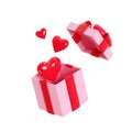 Open gift box with hearts flying away 3d render illustration - romantic love pink floating present box with red ribbon. Royalty Free Stock Photo