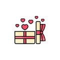 Open gift box with hearts icon flat. Love stories symbol. Valentines day concept. Vector on isolated white background. Eps 10 Royalty Free Stock Photo