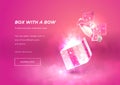 Open gift box. Low poly wireframe art on pink background. Concept for holiday or magic or miracle.Box in the fog. Polygonal