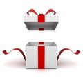 Open gift box present box with red ribbon bow isolated on white background Royalty Free Stock Photo