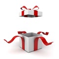 Open gift box present box with red ribbon bow isolated on white background Royalty Free Stock Photo