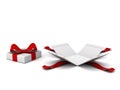 Open gift box present box with red ribbon and bow isolated on white background with shadow Royalty Free Stock Photo