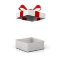 Open gift box or present box with red ribbon bow isolated on white background with shadow and reflection Royalty Free Stock Photo