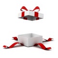 Open gift box present box with red ribbon bow isolated on white background with shadow