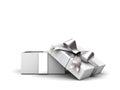 Open gift box or present box with silver ribbon bow isolated on white background Royalty Free Stock Photo