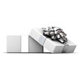 Open gift box , present box with silver ribbon bow isolated on white background with shadow Royalty Free Stock Photo