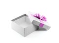 open empty gift box wrapped with light gray color paper with grid pattern and purple ribbon with folded bow on lid Royalty Free Stock Photo