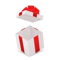 Open gift box. Realistic cardboard cube container with red bow angle view. Decorative empty pack mockup. Holiday or