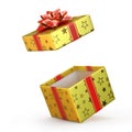 Open gift box with red bow and ribbon, present exploding 3d rendering Royalty Free Stock Photo