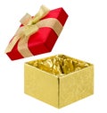 Open gift box of red and golden colors on white
