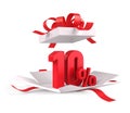 Open gift box with red 10 percent discount on white background - Discount sale concept