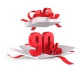 Open gift box with red 90 percent discount on white background - Discount sale concept