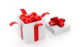 Open gift box with red ribbon full of Christmas balls Royalty Free Stock Photo