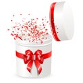 Open gift box round shape with red satin ribbon and Bow. Streamer ribbons confetti surprise fly out of the container. Isolated on Royalty Free Stock Photo