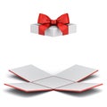 Open gift box or unfold present box with red ribbon bow isolated on white background