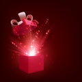 Open gift with fireworks and glitter. Present box decoration design element. Holiday banner with red open box Royalty Free Stock Photo