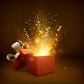 Open gift with fireworks and glitter. Present box decoration design element. Holiday banner with open box Royalty Free Stock Photo