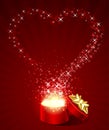 Open gift with fly stars heart shape