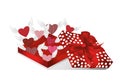 Open gift red box with departing hearts with wings. Valentine`s