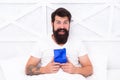 Open. gift for the spent night. bearded man spend holiday at home. valentines day. Special gift. happy hipster with Royalty Free Stock Photo