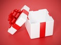 Open giftbox standing on red background. 3D illustration