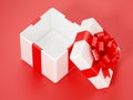 Open giftbox standing on red background. 3D illustration