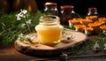 An open glass jar of creamy honey stands on a stand made of natural wood. Near meadow and wild flowers and herbs. Composition on