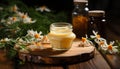 An open glass jar of creamy honey stands on a stand made of natural wood. Near meadow and wild flowers and herbs. Composition on