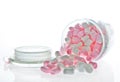 Open Glass jar of pink and white Marshmallow