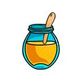 Open glass jar with wood spoon of fresh sweet honey