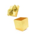 Open glod gift box with ribbon.