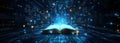 open glowing book surrounded by futuristic digital interface, symbolizing AI powered knowledge and data