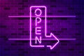 Open glowing purple neon arrow. Realistic vector illustration