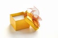 Open golden gift box with brown tie