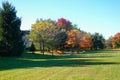 An open grassy field with white benches and trees with colored autumn leaves near a housing development Royalty Free Stock Photo