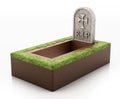 Open grave with gravestone isolated on white background. 3D illustration Royalty Free Stock Photo