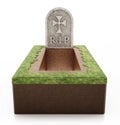 Open grave with gravestone isolated on white background. 3D illustration Royalty Free Stock Photo