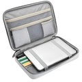Open gray organizer bag with laptop, pens and mesh pockets on white laptop bag case Royalty Free Stock Photo